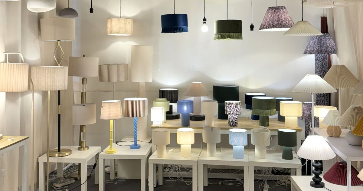 Fabric shade table lamps and floor lamps collection with patterned and pleated lampshades in neutral tones